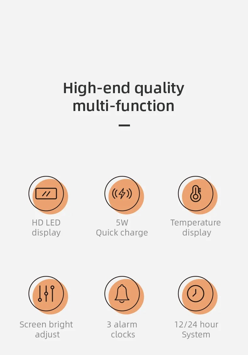 Luxury Wireless Charging Alarm Clock – LED Digital Thermometer Dock Station with Fast 5W Charger for Phones, Smartwatches, and Earbuds