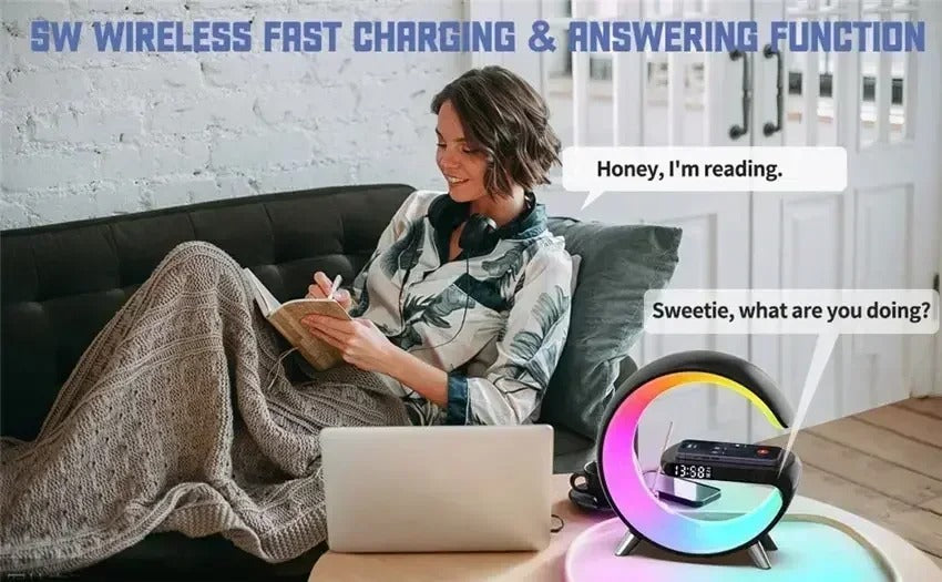 Luxury Wireless Charging Alarm Clock – Bluetooth Speaker with Sunrise Wake-Up Light, RGB Night Lamp, Sleep Aid, 5W Fast Charger for Qi-Enabled Devices