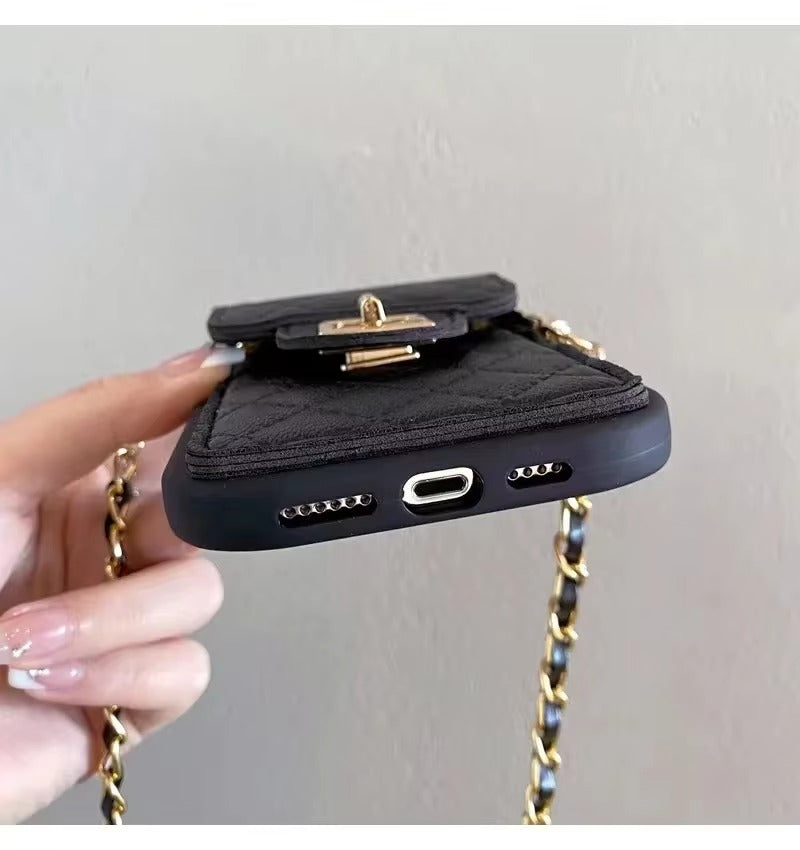 Luxury Apple iPhone Case, MagSafe Compatible, Camera Lens & Screen Protection, Ultra Thin, Shockproof, Magnetic Full All Around Cover – Lingge Envelope Crossbody Card Bag with Long Necklace Strap