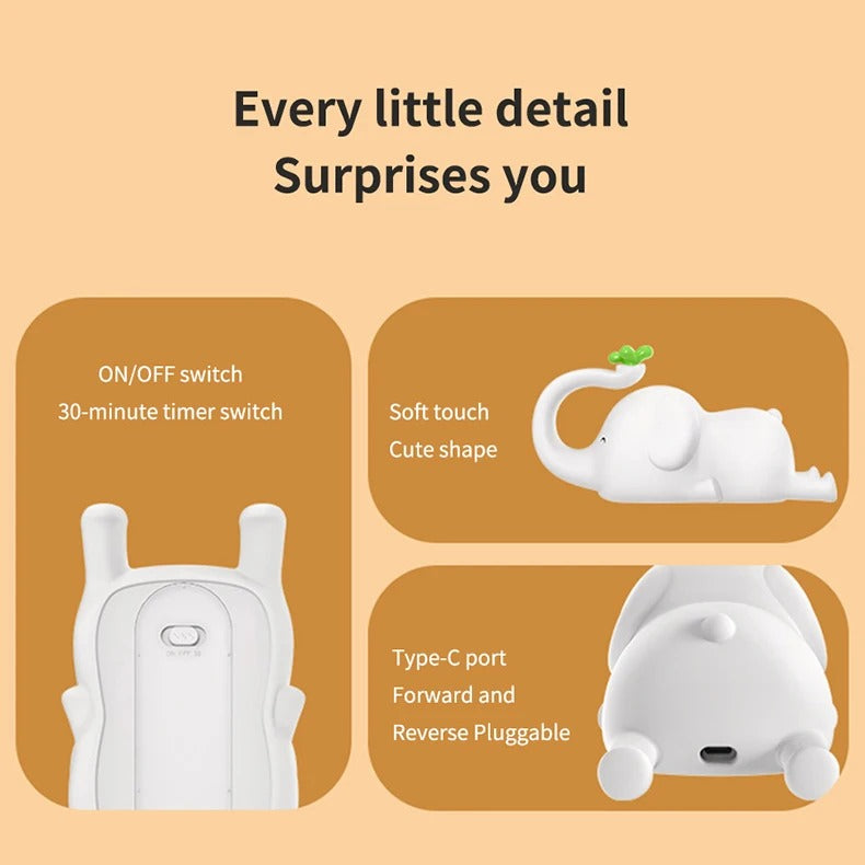 Premium Cute Animal LED Night Light – Touch Sensor, USB Rechargeable Silicone Lamp, 3 Brightness Levels, 30-Min Timer, Bedside Kids Room Decor, Portable & Soft Glow