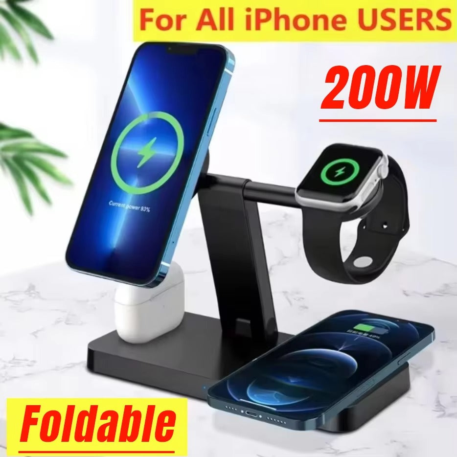 Premium 5 in 1 Magnetic Wireless Charging Station – Foldable Fast Charger Stand for Phones, Smartwatches, Earbuds with 30W Output & LED Night Light