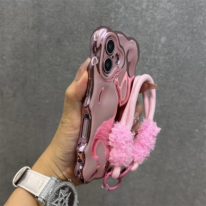 Luxury Apple iPhone Case, MagSafe Compatible, Camera Lens & Screen Protection, Ultra Thin, Shockproof, Magnetic Full All Around Cover – 3D Wave Edge Plating Case with Plush Wristband & Lanyard Strap