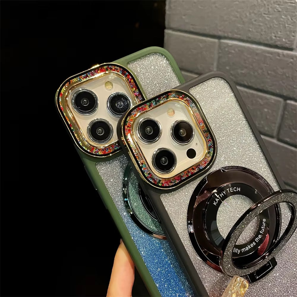 Luxury Apple iPhone Case, MagSafe Compatible, Camera Lens & Screen Protection, Ultra Thin, Shockproof, Magnetic Full All Around Cover – Gradient Glitter Diamond Case with Stand Holder & Wireless Charging Support
