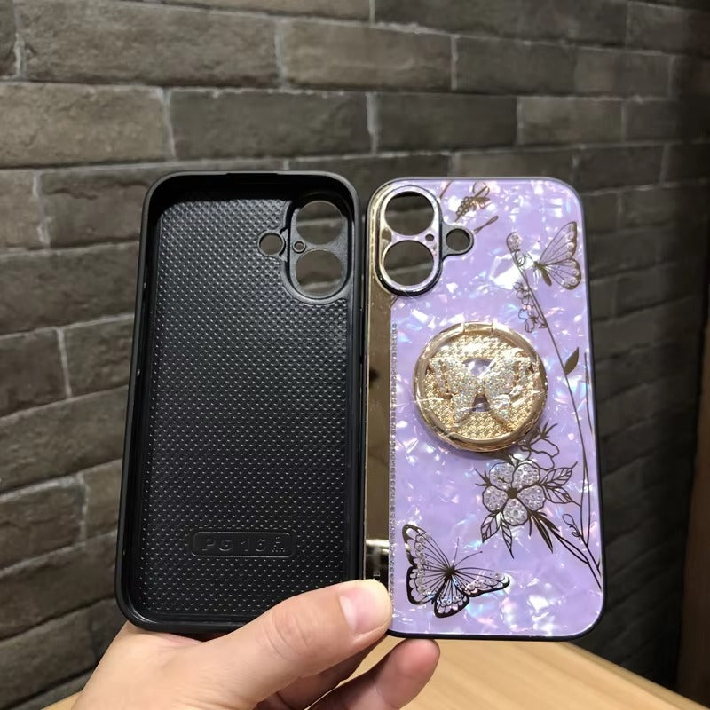 Luxury Apple iPhone Case, MagSafe Compatible, Camera Lens & Screen Protection, Ultra Thin, Shockproof, Magnetic Full All Around Cover – Shell Pattern Butterfly Case with Ring Holder & Hard Silicone TPU Back Design