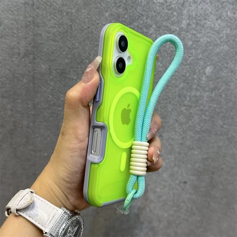 High Quality Apple iPhone Case, MagSafe Compatible, Camera Lens & Screen Protection, Ultra Thin, Shockproof, Magnetic Full All Around Cover – Dual Color Matte Armor Case with Wrist Strap & Magnetic Lanyard