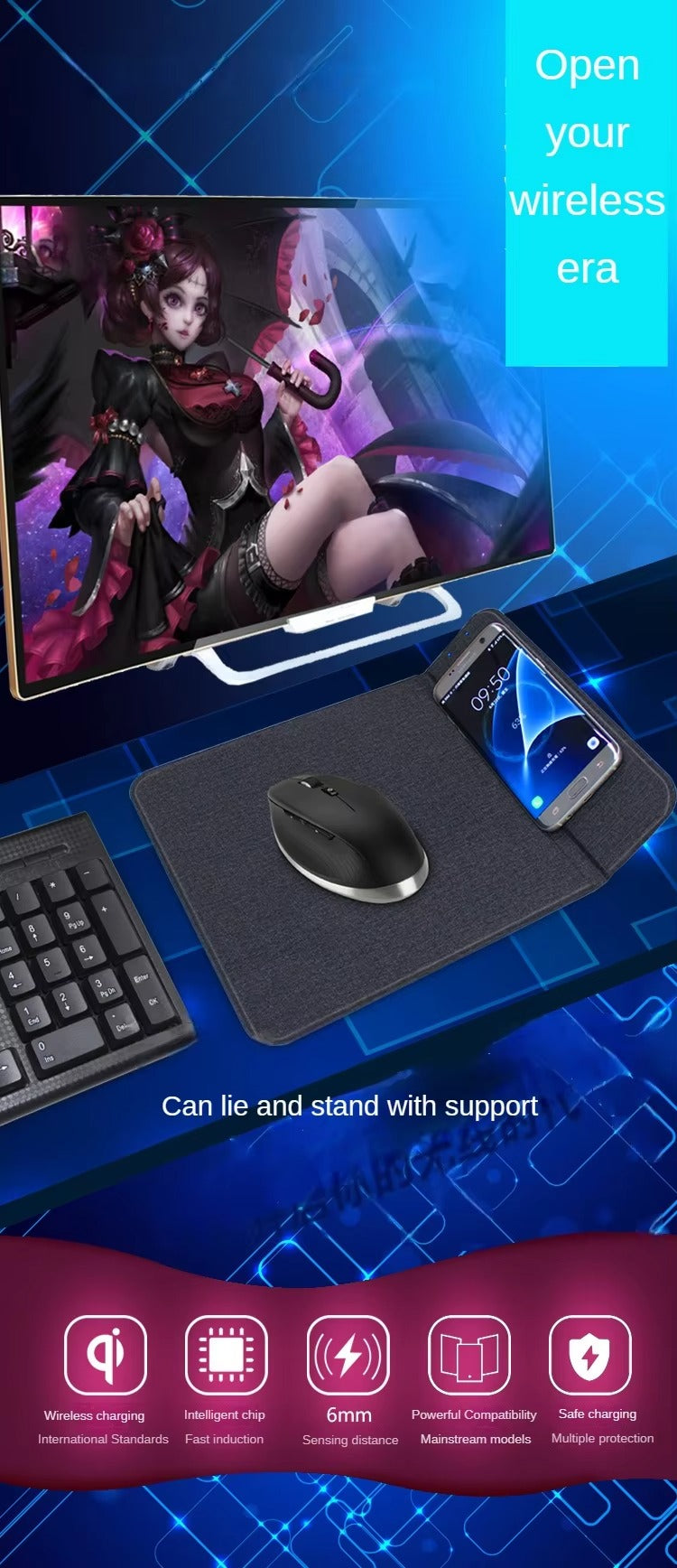 Premium, 2-in-1 Mouse Pad with Qi Wireless Charging – PU Leather Desk Mat with Phone Holder, USB Type-C Compatible