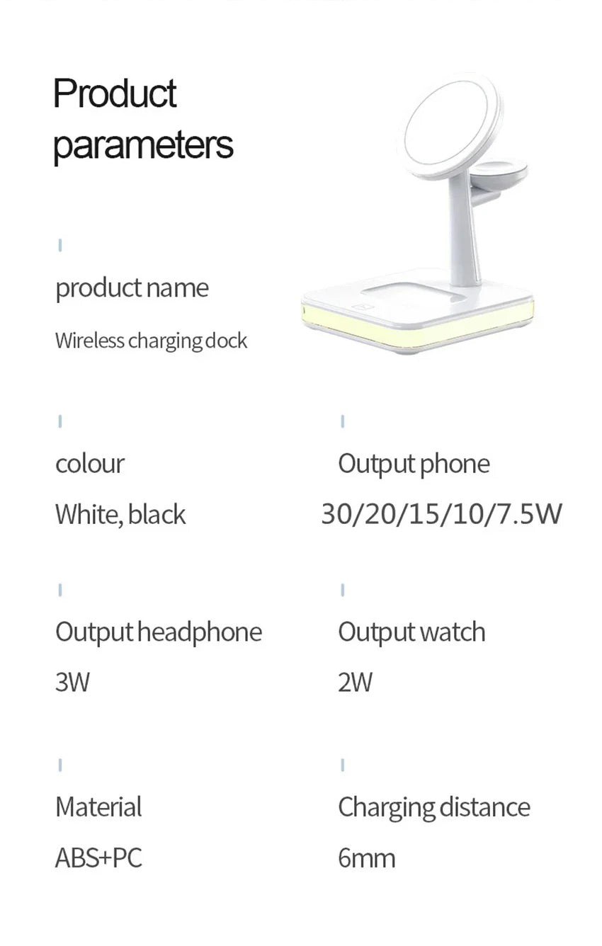 Premium 4 in 1 Magnetic Wireless Charging Station – 30W Fast Charger Stand with LED Lamp, Cooling Fan, USB Output for Phones, AirPods and Apple Watch