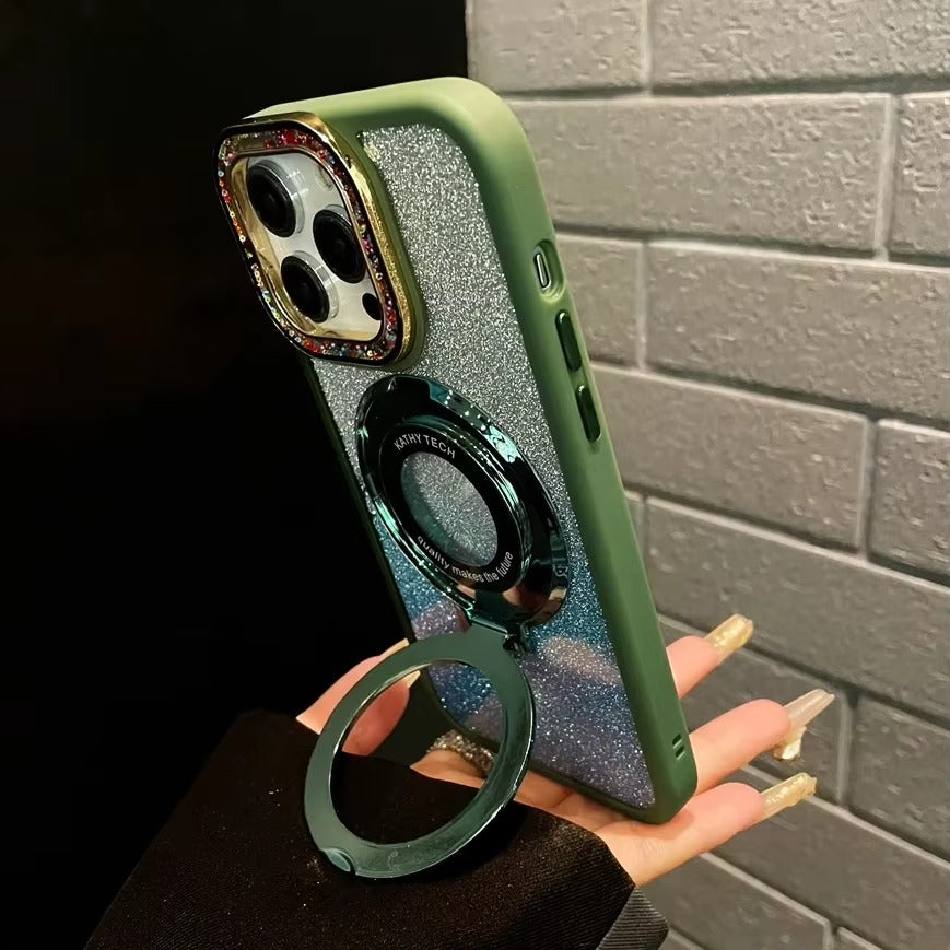 Luxury Apple iPhone Case, MagSafe Compatible, Camera Lens & Screen Protection, Ultra Thin, Shockproof, Magnetic Full All Around Cover – Gradient Glitter Diamond Case with Stand Holder & Wireless Charging Support