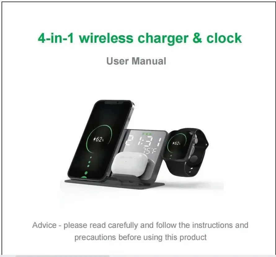 Premium 4 in 1 Wireless Charging Station with Alarm Clock – Fast Charger Stand for iPhone, Apple Watch, AirPods, Samsung Galaxy, Temperature & Date Display