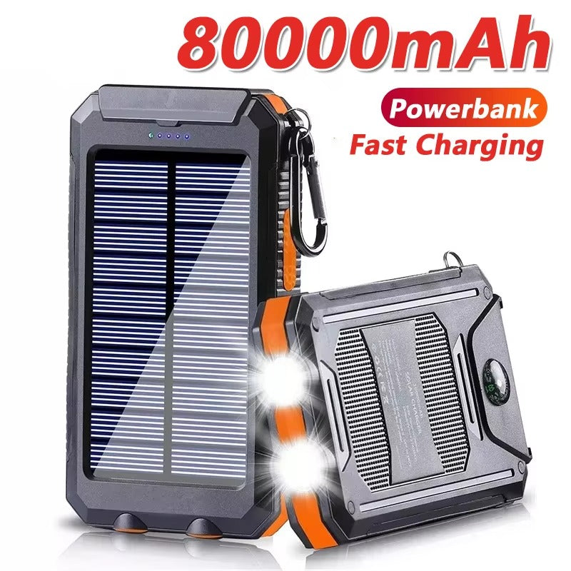 Robust 80000mAh Solar Power Bank – Portable Waterproof Charger with Dual USB, Strong LED Flashlight, Digital Display, Compass & Outdoor Emergency Features