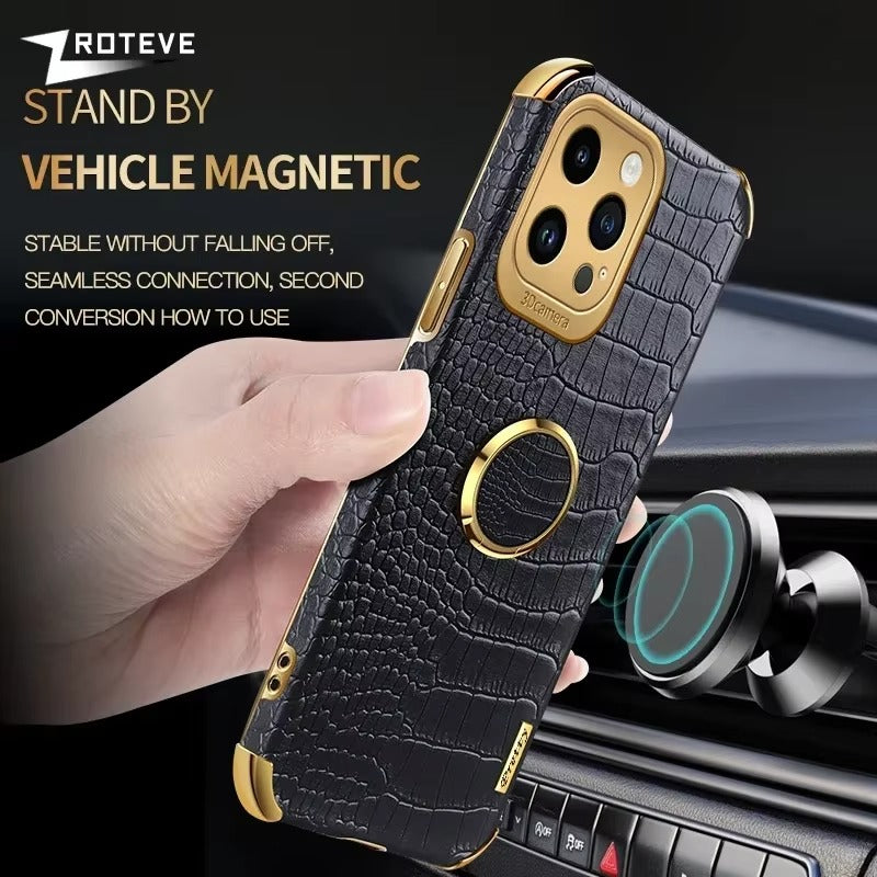 Premium Apple iPhone Case MagSafe Compatible, Camera Lens & Screen Protection, Ultra Thin Shockproof Magnetic Full All Around Protection Cover with Crocodile Leather Ring Holder