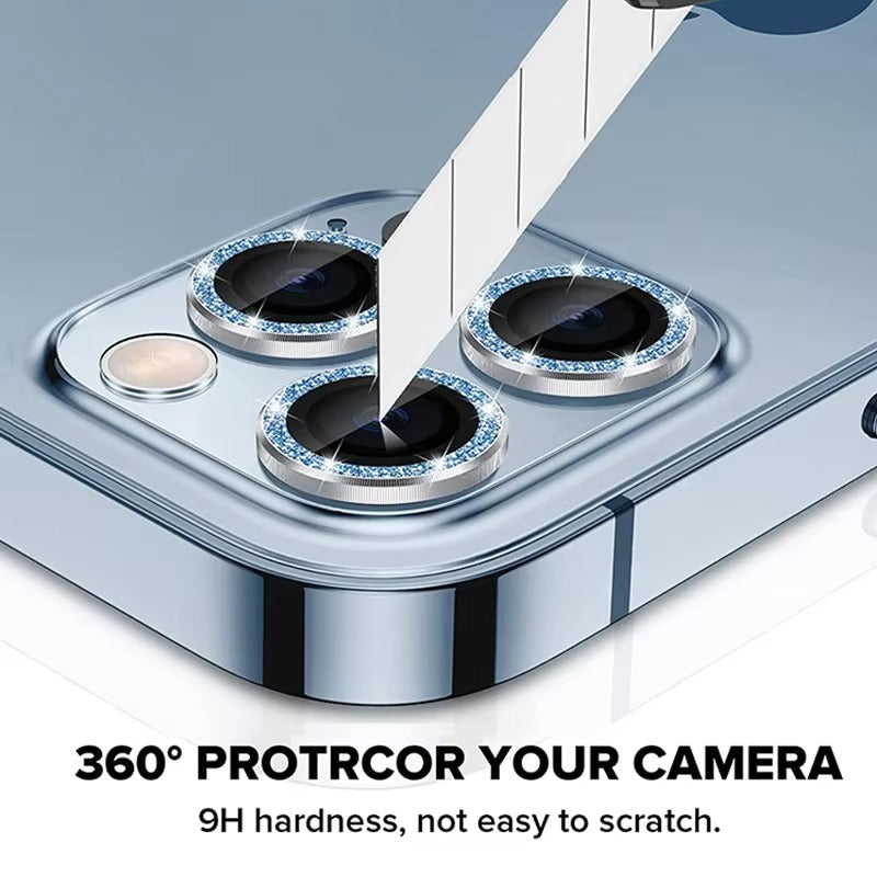 Luxury Metal Camera Lens Protector for iPhone – Diamond Edging, 9H Corning Glass, Anti-Scratch, Shockproof, Ultra HD Transparent Lens Cover Ring