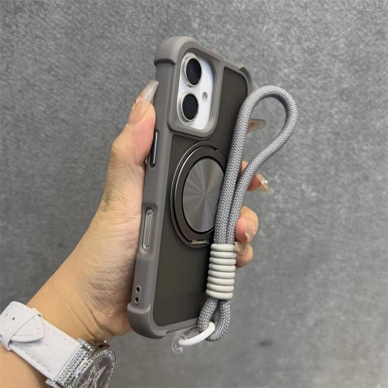 Premium Apple iPhone Case, MagSafe Compatible, Camera Lens & Screen Protection, Ultra Thin, Shockproof, Magnetic Full All Around Cover – 360° Rotating Stand Case with Airbag Corners & Wrist Strap