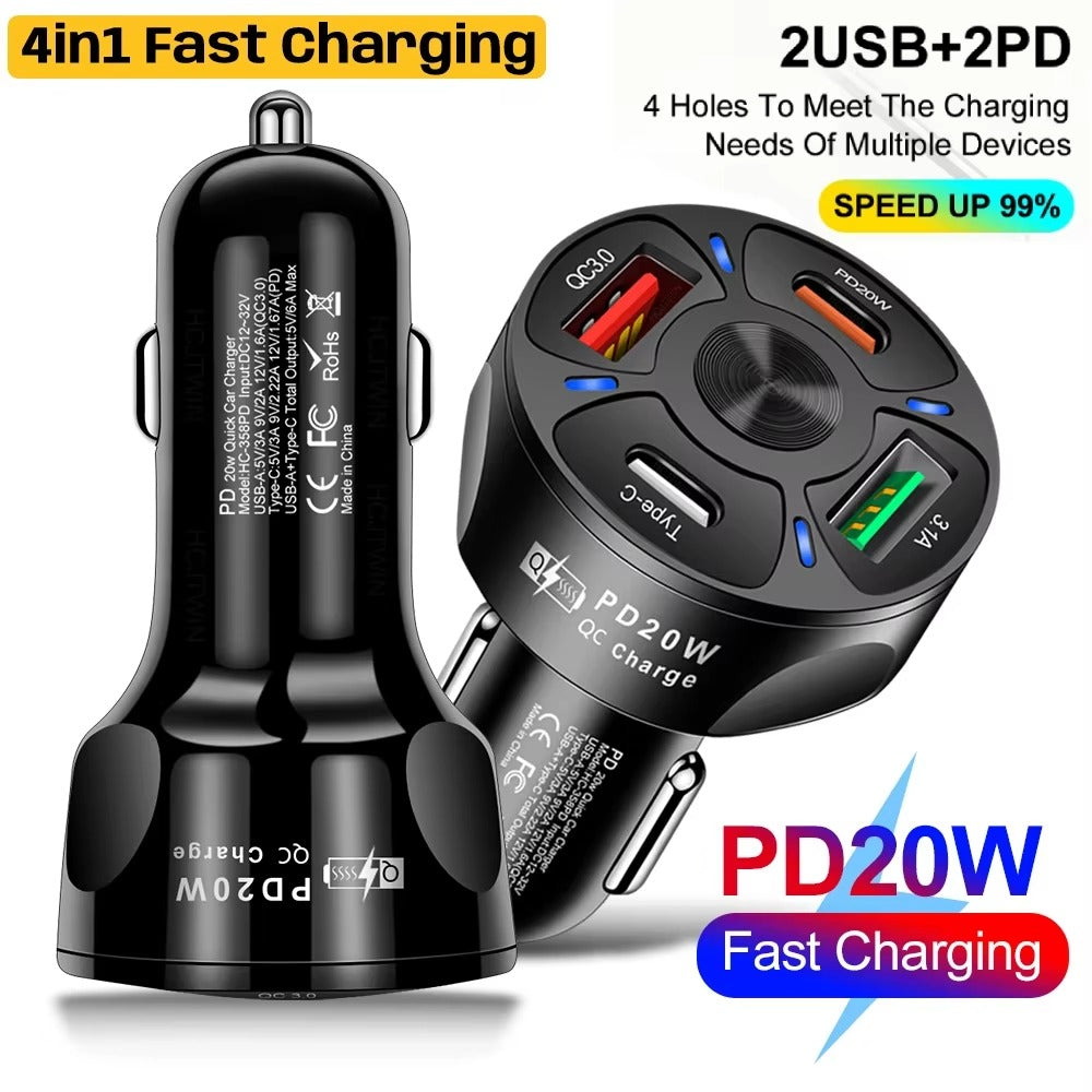 High Speed 55W USB Car Charger Adapter – 4-Port PD & QC3.0 Fast Charging Cigarette Lighter Plug with LED Display, Smart Protection for Phones & Tablets