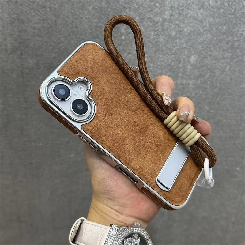 High-End Apple iPhone Case, MagSafe Compatible, Camera Lens & Screen Protection, Ultra Thin, Shockproof, Magnetic Full All Around Cover – Business Plating Leather Case with Kickstand, Wrist Strap & Hand Chain