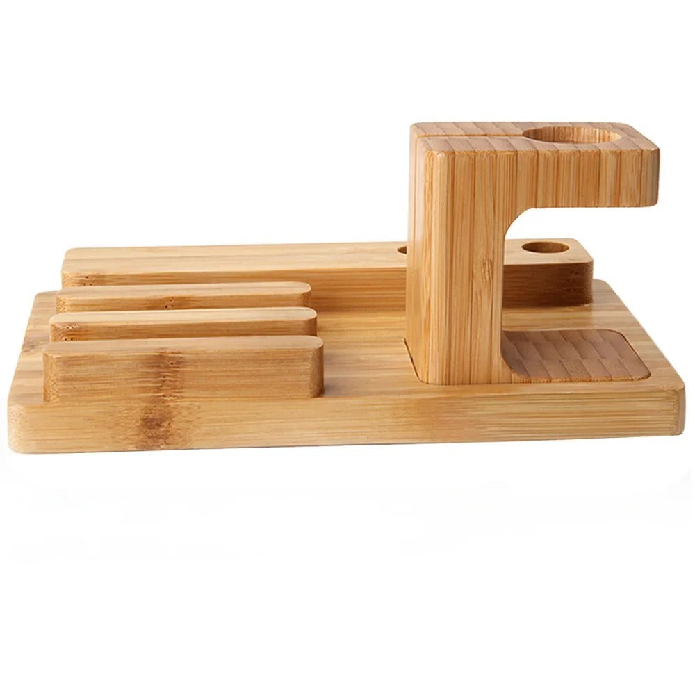 Luxury Bamboo Charging Dock Station – Multifunctional Stand Holder for iPad, iPhone, Apple Watch, Tablets and Smartphones with Cable Organizer