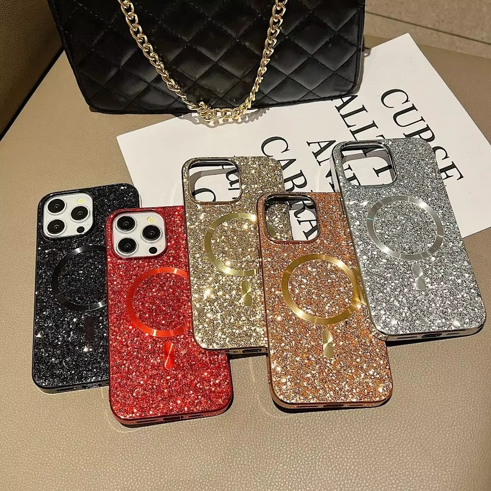 Luxury Apple iPhone Case, MagSafe Compatible, Camera Lens & Screen Protection, Ultra Thin, Shockproof, Magnetic Full All Around Cover – Bling Glitter Magnetic Case with Shockproof Protective Back for Stylish Appeal