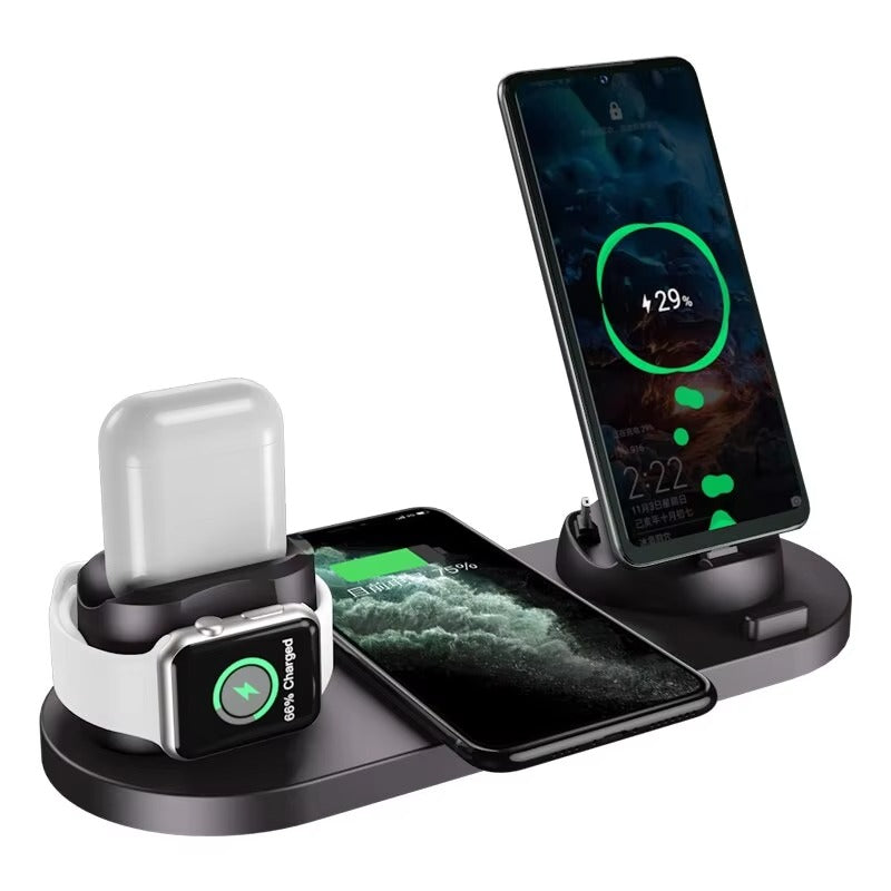 Premium 6 in 1 Wireless Charging Station – Fast Charger Dock for iPhone, Apple Watch, AirPods with Type-C, Lightning & Micro USB Ports, 15W Output