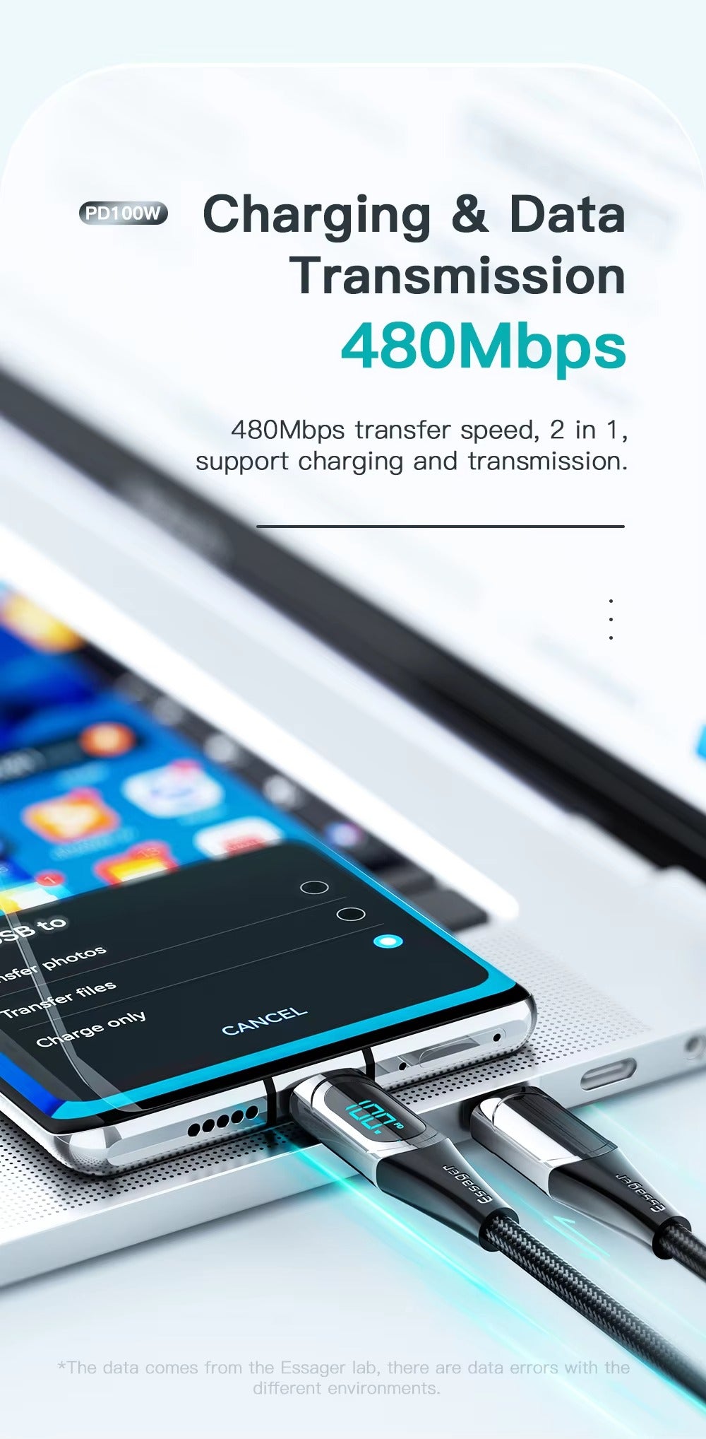 High Power 100W USB-C to USB-C Cable – Fast Charging 5A PD Charger Cord with LED Display, 480Mbps Data Transfer, 1m/2m Nylon Braided Wire for Laptop & Phone