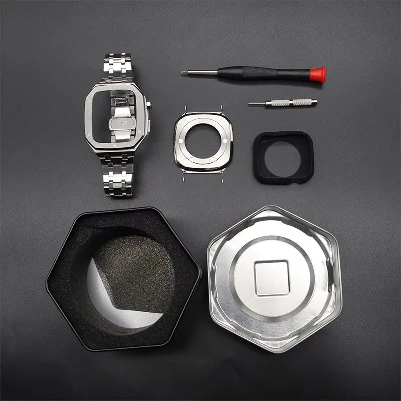 Luxury Metal Mod Kit for Smartwatch – Bezel Frame, Strap, and Case Set for 44mm to 45mm Watches, Premium Custom Accessories