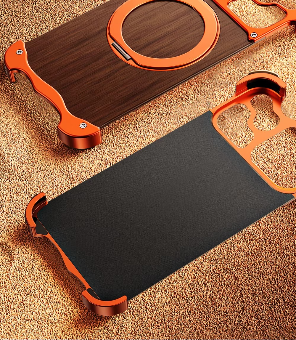 Luxury Wood & Aluminum iPhone Case – MagSafe Compatible Magnetic Cover with 360° Rotating Ring Stand, Shockproof Frame and Camera Lens Protection
