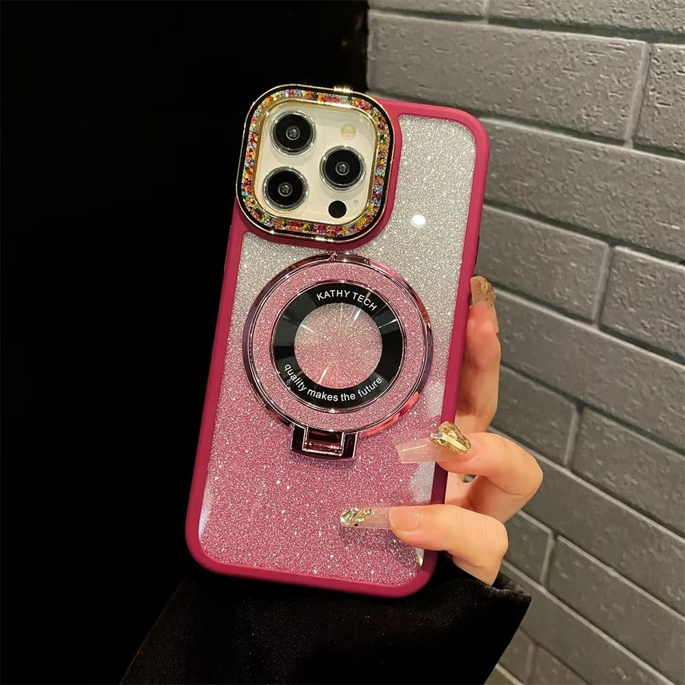 Luxury Apple iPhone Case, MagSafe Compatible, Camera Lens & Screen Protection, Ultra Thin, Shockproof, Magnetic Full All Around Cover – Gradient Glitter Diamond Case with Stand Holder & Wireless Charging Support