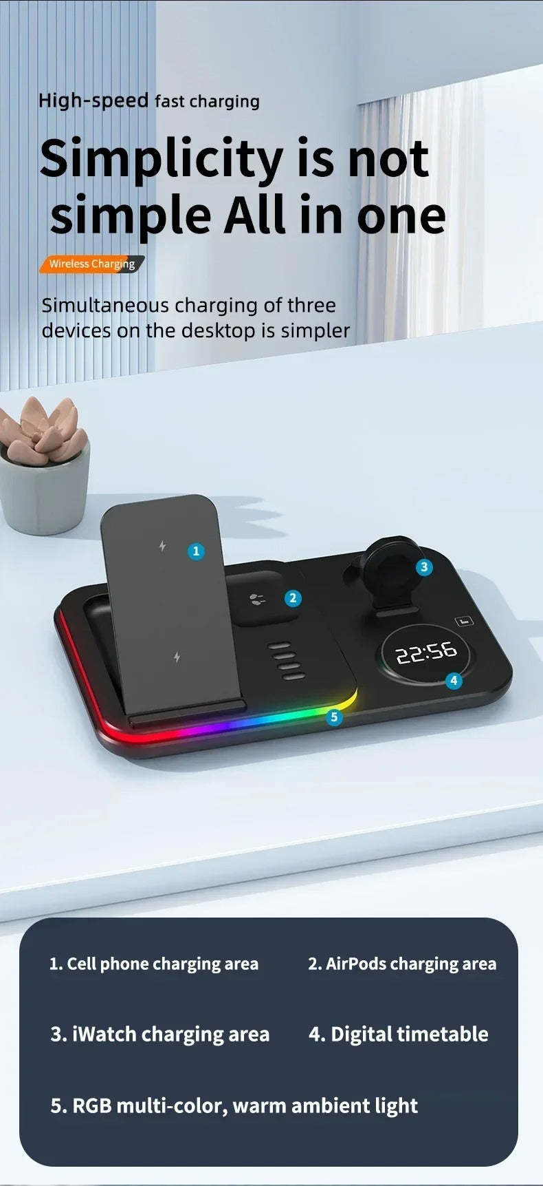 Premium 5 in 1 Wireless Charging Station – 30W Foldable Fast Charger Dock with RGB LED Light, Alarm Clock for Phones, Apple Watch, Samsung Watch & AirPods