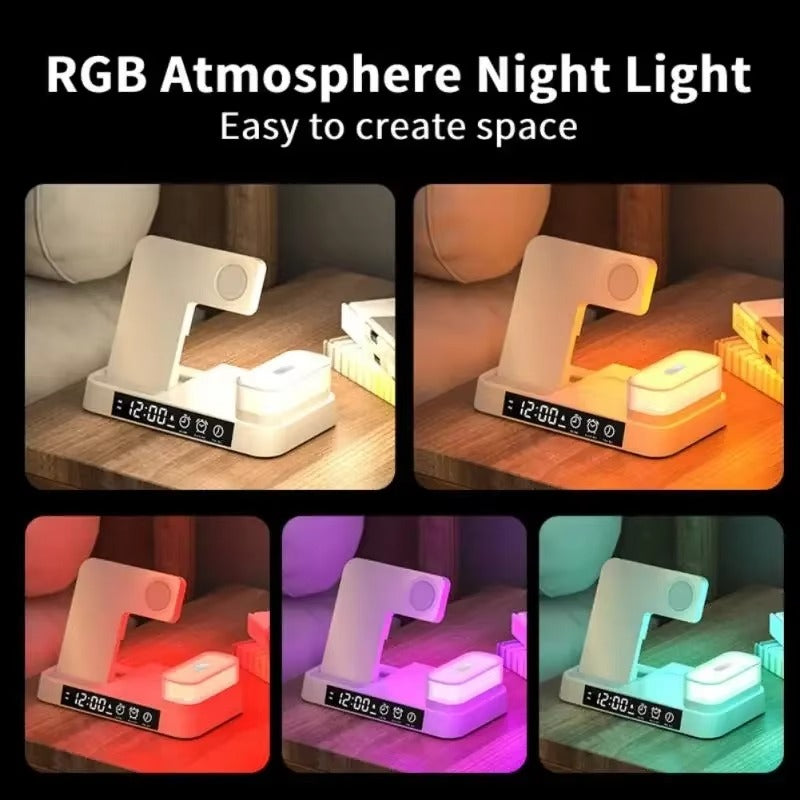 Premium 3 in 1 Wireless Charging Station – 30W Fast Charger Stand with Alarm Clock, Removable RGB Night Light for Phones, Apple Watch, Samsung Watch & AirPods