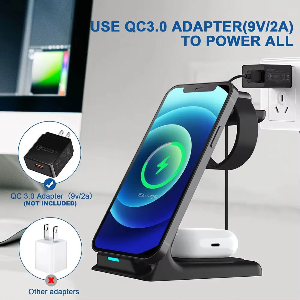 Premium 30W 3 in 1 Wireless Charging Station – Fast Charger Stand for iPhone, Apple Watch, AirPods with Dual Coil Design, Case Friendly & Safe Charging