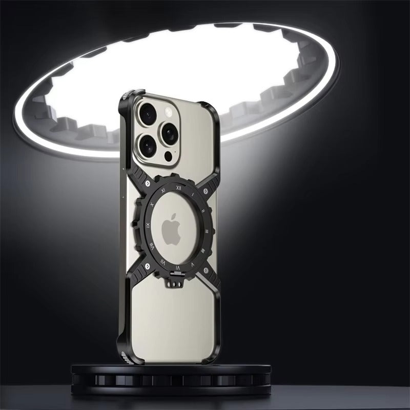 Robust Apple iPhone Case, MagSafe Compatible, Camera Lens & Screen Protection, Ultra Thin, Shockproof, Magnetic Full All Around Cover – X-Shaped Gear Aluminum Case with 360° Stand & Noctilucent Frameless Design