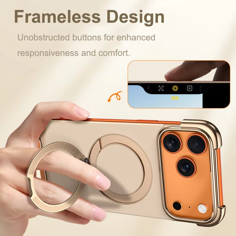 Luxury Leather Frameless iPhone Case – Ultra Thin Magnetic Cover with Metal Bracket Stand, Shockproof Bumper Protection and Camera Lens Guard