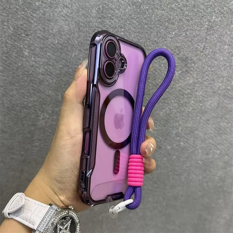 High Quality Apple iPhone Case, MagSafe Compatible, Camera Lens & Screen Protection, Ultra Thin, Shockproof, Magnetic Full All Around Cover – Blade Mecha TPU Transparent Case with Plating Finish & Wrist Strap