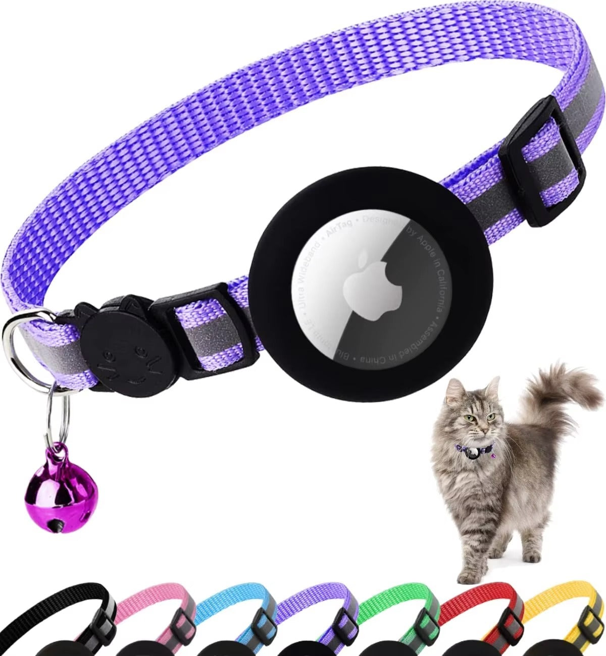Premium Reflective Cat Collar with AirTag Holder – Adjustable Breakaway Design with Bell for Kittens and Small Pets 0.4" Wide