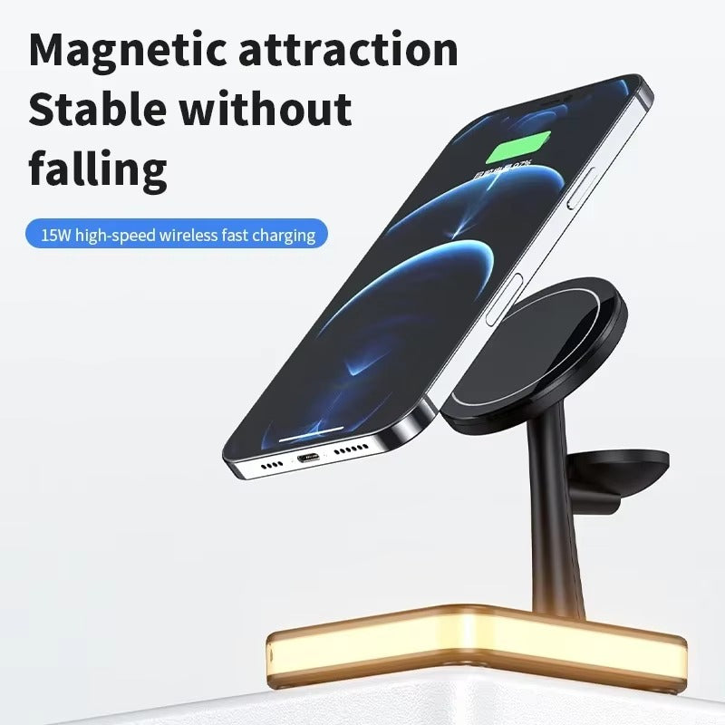 Premium 4 in 1 Magnetic Wireless Charging Station – 30W Fast Charger Stand with LED Lamp, Cooling Fan, USB Output for Phones, AirPods and Apple Watch