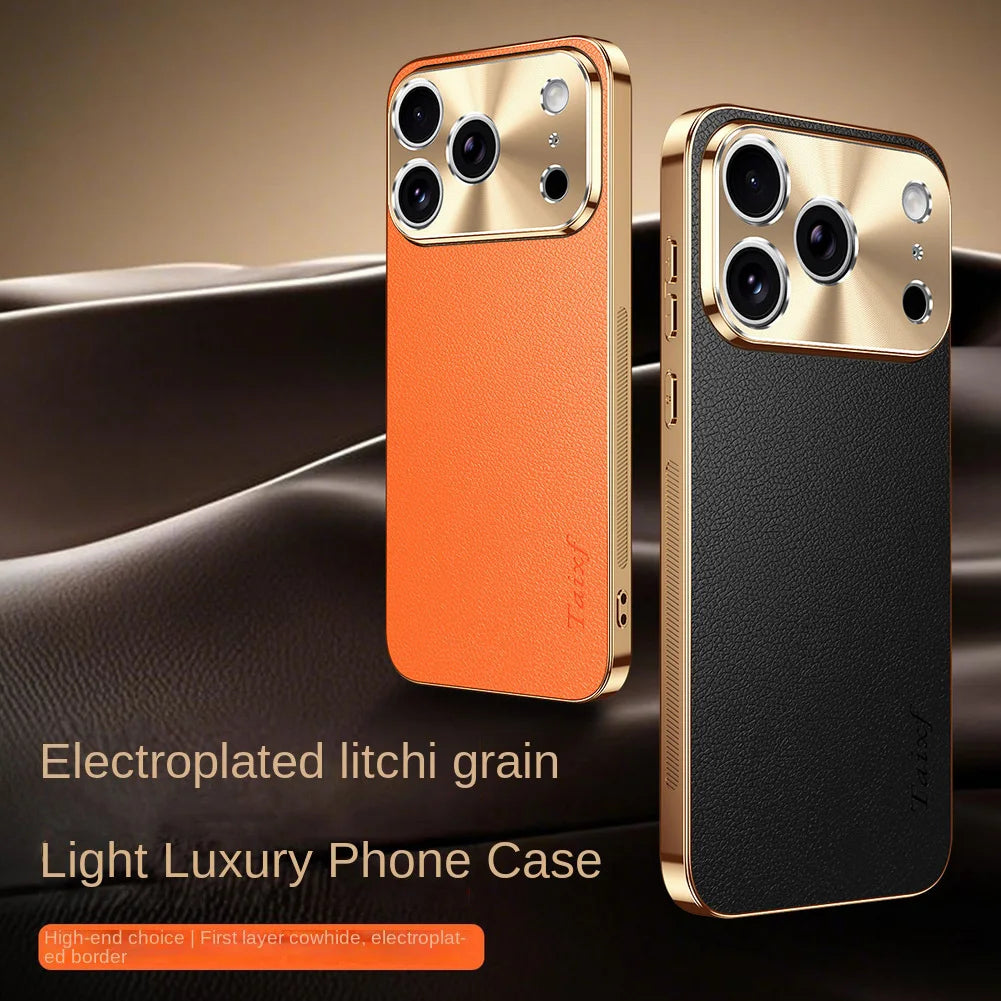 Luxury iPhone Case MagSafe Compatible Protective Cover with Camera Lens Protection Shockproof Full Protection Electroplated Frame Lychee Texture Leather Back