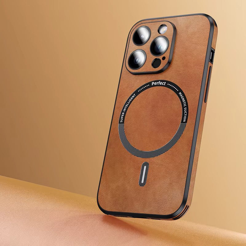 Premium MagSafe Leather iPhone Case with Magnetic Shockproof Design, Glass Lens Protector, Full Body Drop Defense,