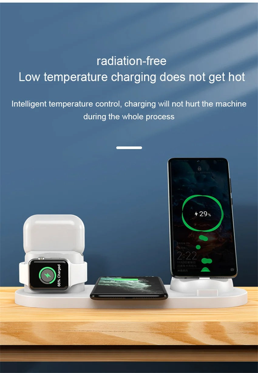 Premium 6 in 1 Wireless Charging Station – Fast Charger Dock for iPhone, Apple Watch, AirPods with Type-C, Lightning & Micro USB Ports, 15W Output