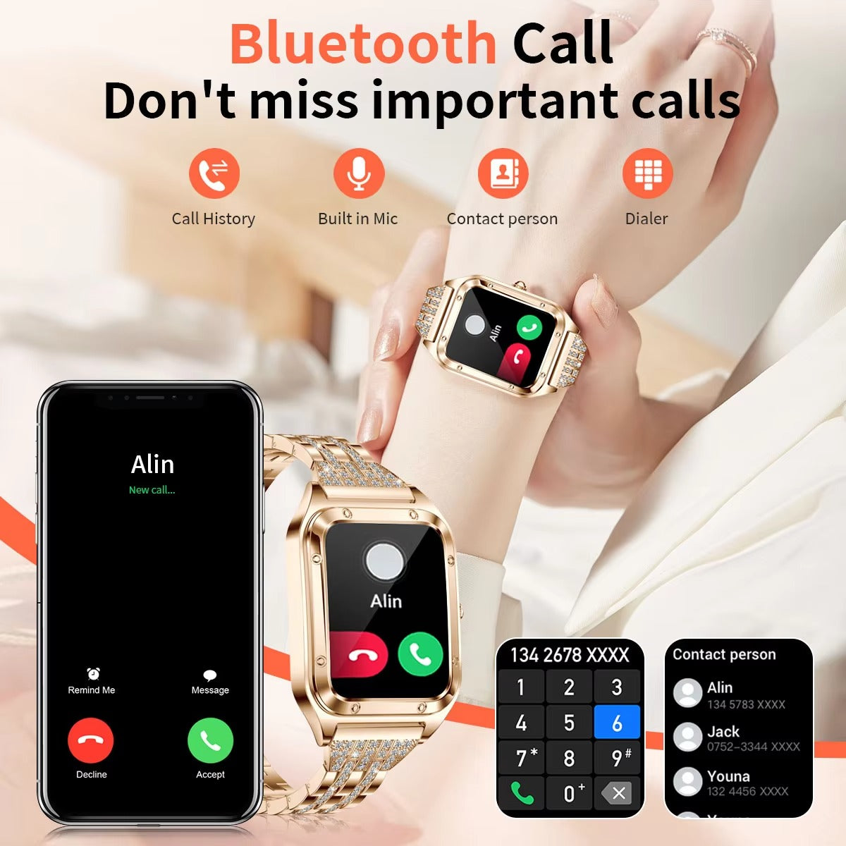 Luxury Women’s Smartwatch for iPhone – Bluetooth Call Fitness Tracker with Blood Pressure Monitor, Waterproof Sport Mode