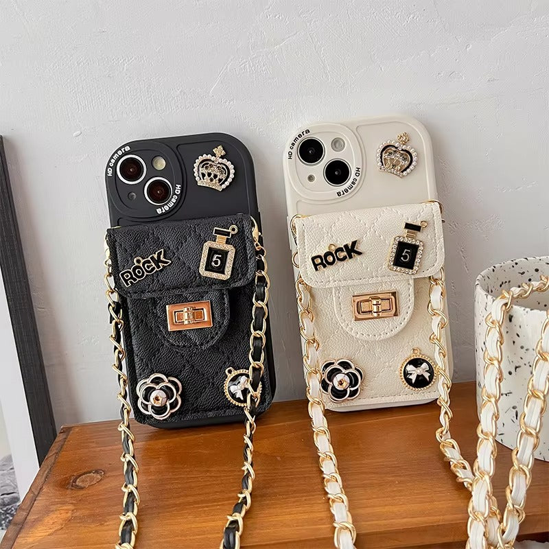 Luxury Apple iPhone Case, MagSafe Compatible, Camera Lens & Screen Protection, Ultra Thin, Shockproof, Magnetic Full All Around Cover – Camellia Flower Pearl Crown Crossbody Wallet Case