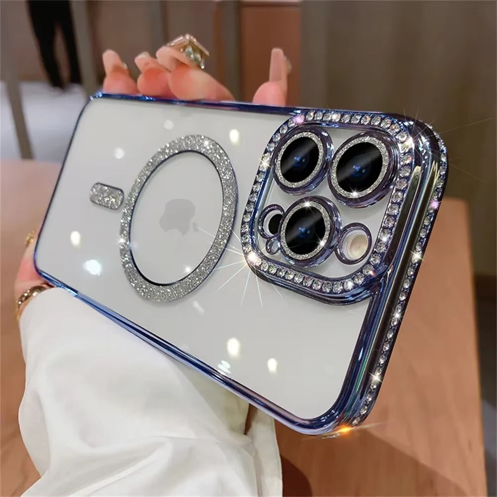 Luxury Apple iPhone Case, MagSafe Compatible, Camera Lens & Screen Protection, Ultra Thin, Shockproof, Magnetic Full All Around Cover – Glitter Diamond Transparent Case with Wireless Charging & Bumper Edge Design