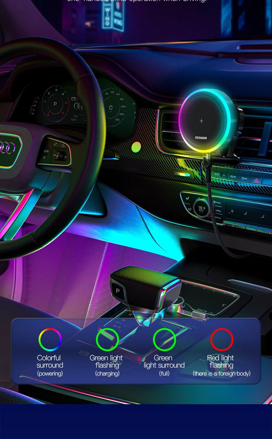 Premium, RGB, Magnetic Car Phone Holder, with 15W Qi Wireless Charging, Dashboard or Vent Mount, Fast Charger Stand for iPhone