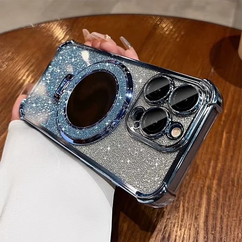 Luxury Apple iPhone Case, MagSafe Compatible, Camera Lens & Screen Protection, Ultra Thin, Shockproof, Magnetic Full All Around Cover – Sparkling Gradient Glitter Airbag Case with Mirror Back & Diamond Stand Holder
