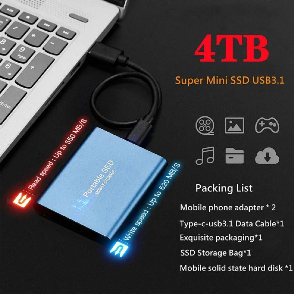 High-Speed External SSD 1TB 2TB – Portable USB 3.1 Solid State Drive, Ultra Slim, Shockproof, Waterproof, Type-C & USB Compatible for Mac/Windows PCs