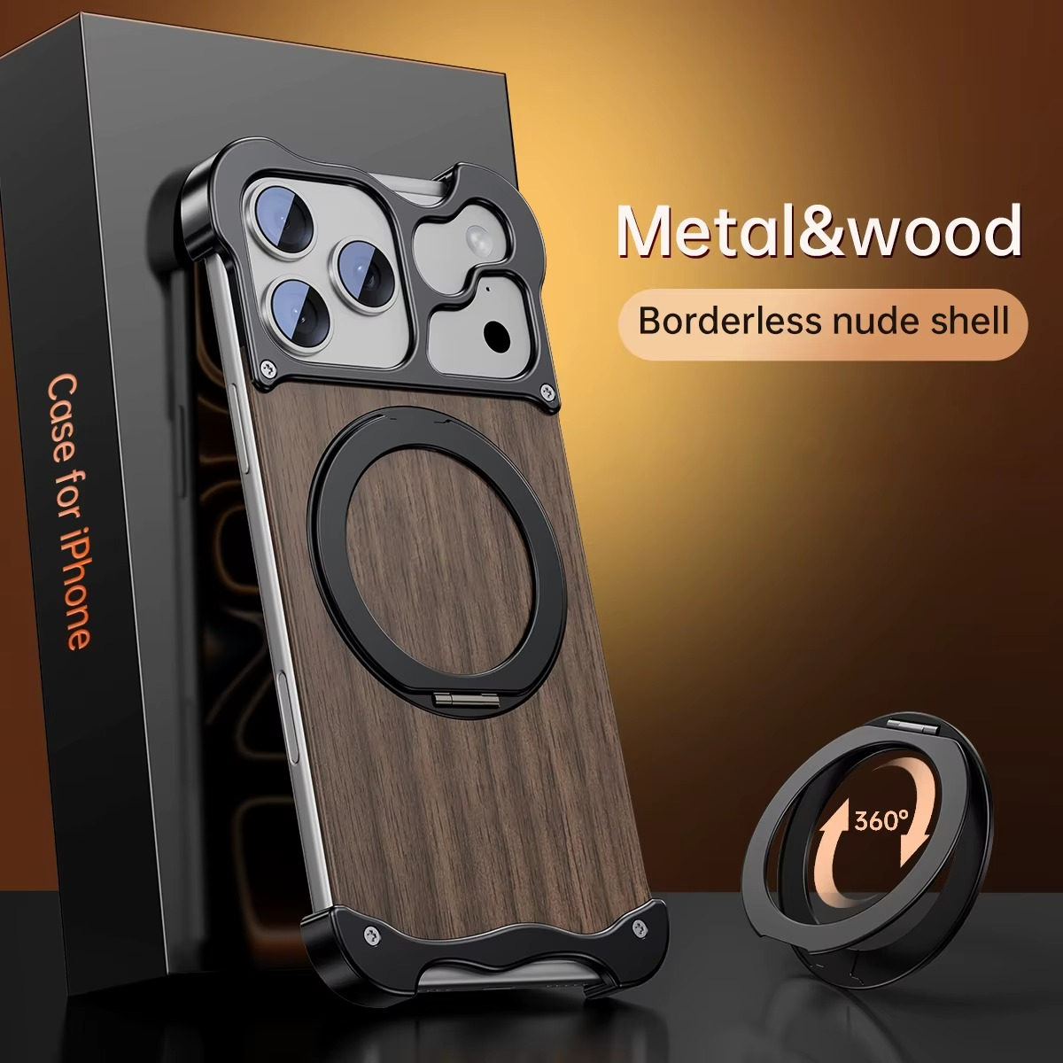 Luxury Wood & Aluminum iPhone Case – MagSafe Compatible Magnetic Cover with 360° Rotating Ring Stand, Shockproof Frame and Camera Lens Protection