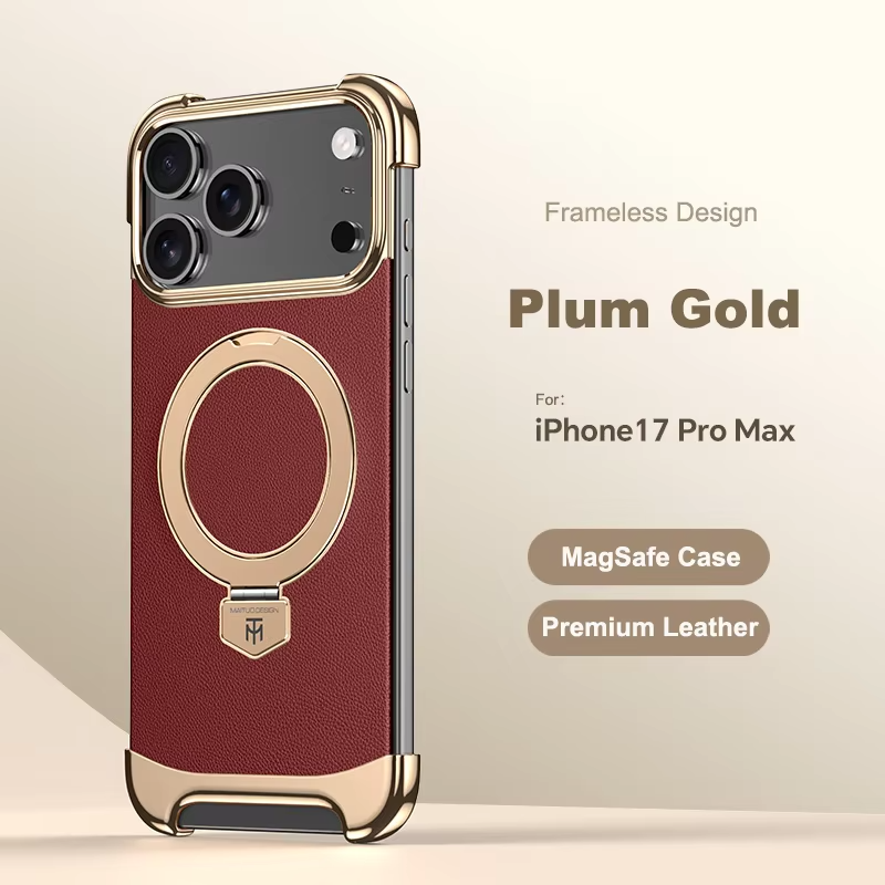 Luxury Leather Frameless iPhone Case – Ultra Thin Magnetic Cover with Metal Bracket Stand, Shockproof Bumper Protection and Camera Lens Guard