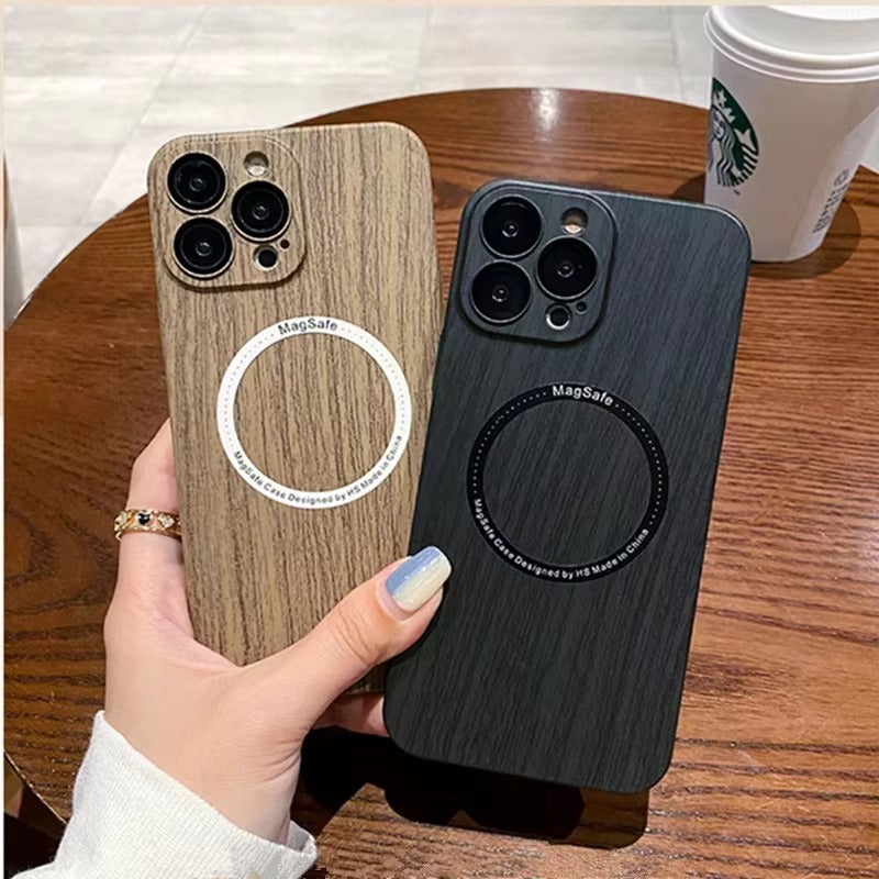 Premium Apple iPhone Case, MagSafe Compatible, Camera Lens and Screen Protection, Ultra Thin, Shockproof, Magnetic, Full All Around Protection, Wood Pattern Plastic Cover