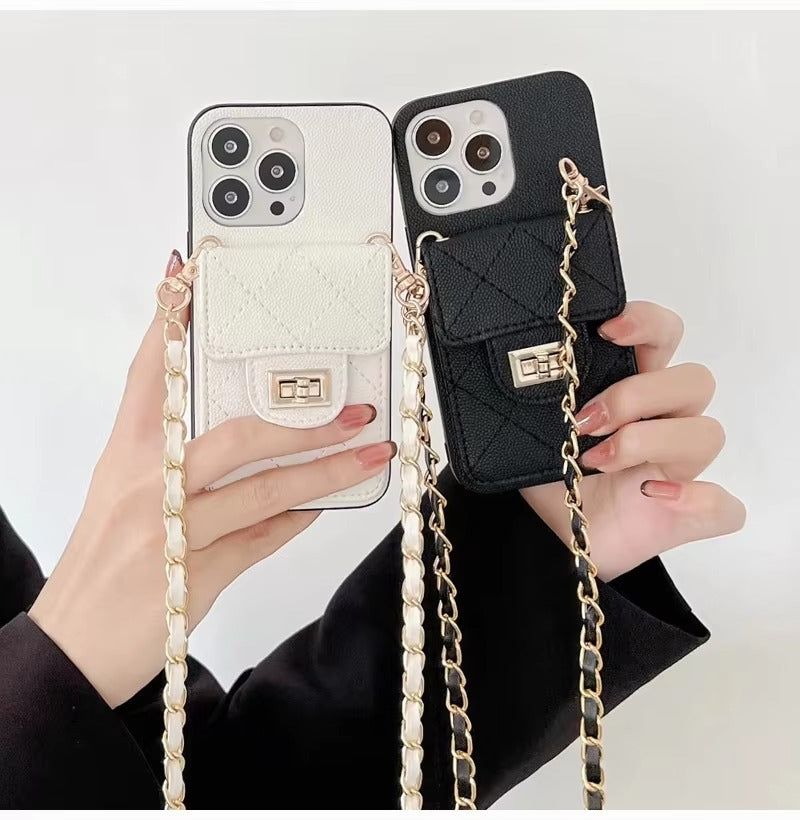 Luxury Apple iPhone Case, MagSafe Compatible, Camera Lens & Screen Protection, Ultra Thin, Shockproof, Magnetic Full All Around Cover – Lingge Envelope Crossbody Card Bag with Long Necklace Strap