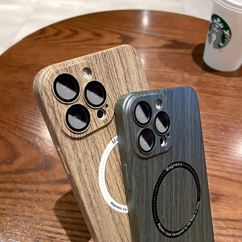 Premium Apple iPhone Case, MagSafe Compatible, Camera Lens and Screen Protection, Ultra Thin, Shockproof, Magnetic, Full All Around Protection, Wood Pattern Plastic Cover