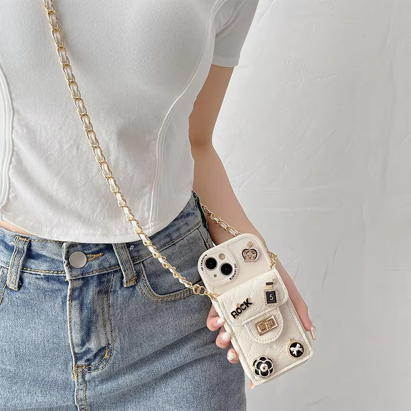 Luxury Apple iPhone Case, MagSafe Compatible, Camera Lens & Screen Protection, Ultra Thin, Shockproof, Magnetic Full All Around Cover – Camellia Flower Pearl Crown Crossbody Wallet Case