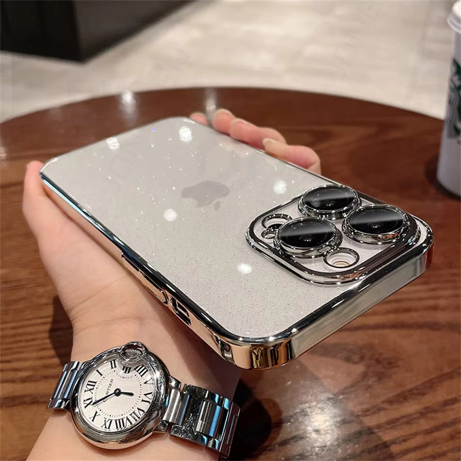 Luxury Apple iPhone Case, MagSafe Compatible, Camera Lens & Screen Protection, Ultra Thin, Shockproof, Magnetic Full All Around Cover – Transparent Glitter Slim Case with Electroplated Gold Bumper & Hard Plastic Back